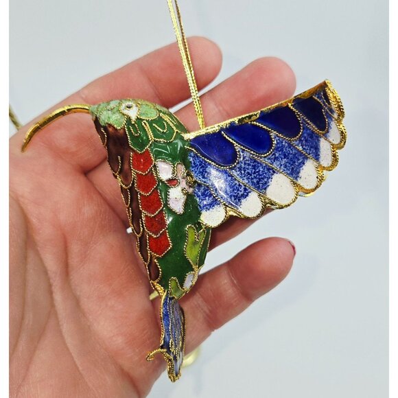 Handcrafted Cloisonné Hummingbird Ornament With Gold Accents & Display Stand - Picture 3 of 10